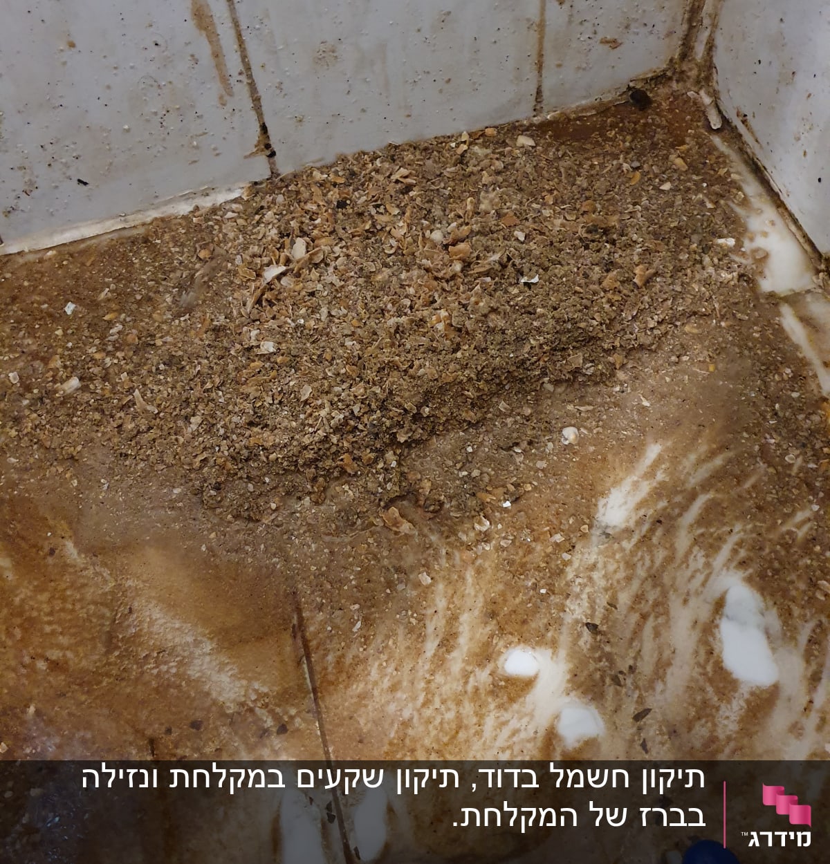 לכלוך ופסולת על רצפה רטובה עם כלי כחול